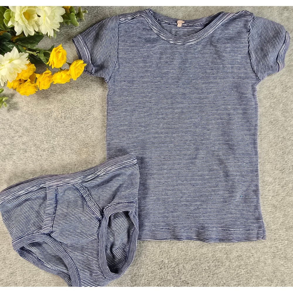 Vintage Blue White Striped Cotton T-Shirt & Briefs Set Toddler Pajamas Lounge